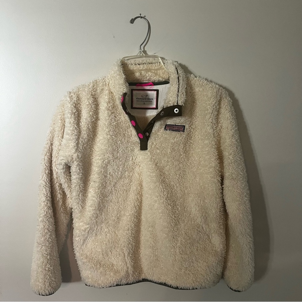 Vineyard Vines Kids Cream Sherpa Pullover with Pink Snaps